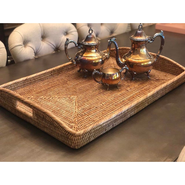 Artifacts Rattan Rectangular Serving Tray with High Handles in Honey Brown - 21" For Sale - Image 9 of 10