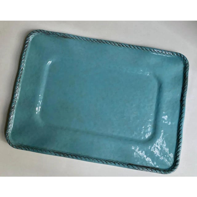 Versatile Tiffany Blue braided rope rimmed molded Teal Melamine rectangular Serving Tray. Drinks. Hors D'oeuvres....