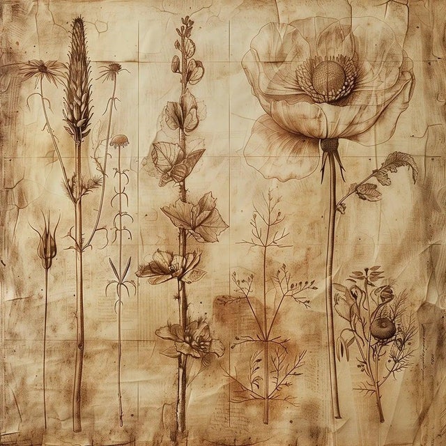 2020s Set of 6 - 54" X 36" Gallery Wall Installation 'Monochrome Sepia Flowers' Herbarium Botanical Floral Prints, Unframed For Sale - Image 5 of 8