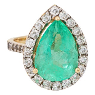 Late 20th Century 8.45ct Emerald Diamond Ring Vintage 14k Yellow Gold Size 7.75 Pear Cut Cocktail For Sale