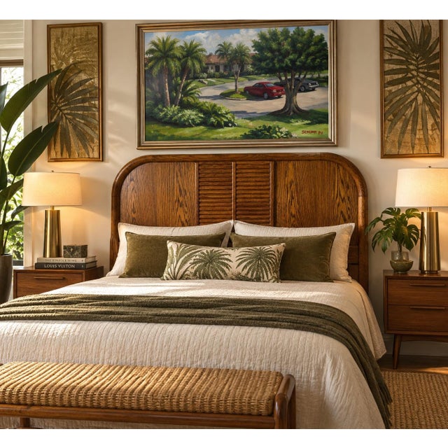 Stylish 1970s Mid-Century Modern queen-size headboard featuring a warm wood finish, beautifully pronounced grain, and a...