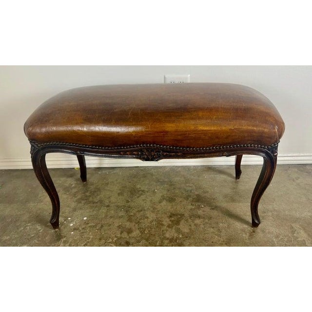 French Louis XV Style Carved Bench With Distressed Leather Upholstery For Sale - Image 4 of 9