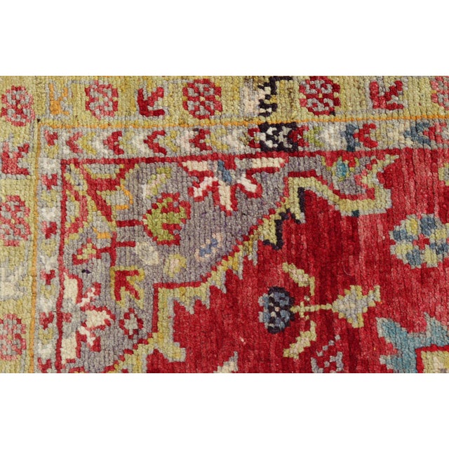 Antique Turkish Oushak Medallion Rug in Red, Lime Green, Gray & Light Blue For Sale - Image 9 of 11