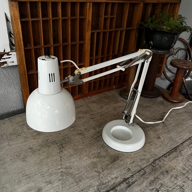 Vintage White Adjustable Desk Lamp With Weighted Base Metal Arm & Shade For Sale - Image 4 of 16