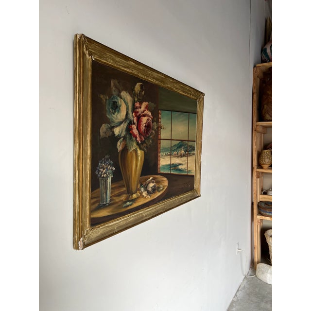 A pleasant and well-executed Vintage still life oil composition, depicting a flower pot placed on a table top and the...