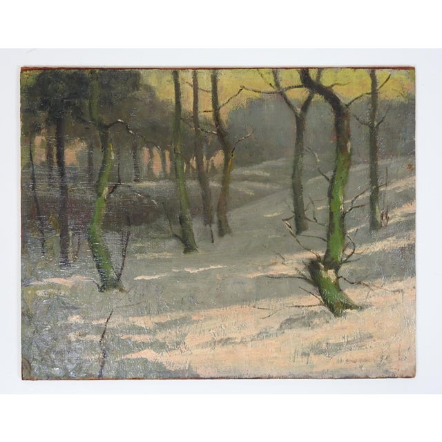 Wood Early 20th Century Snowy Winter Forest at Sunset Painting For Sale - Image 7 of 8