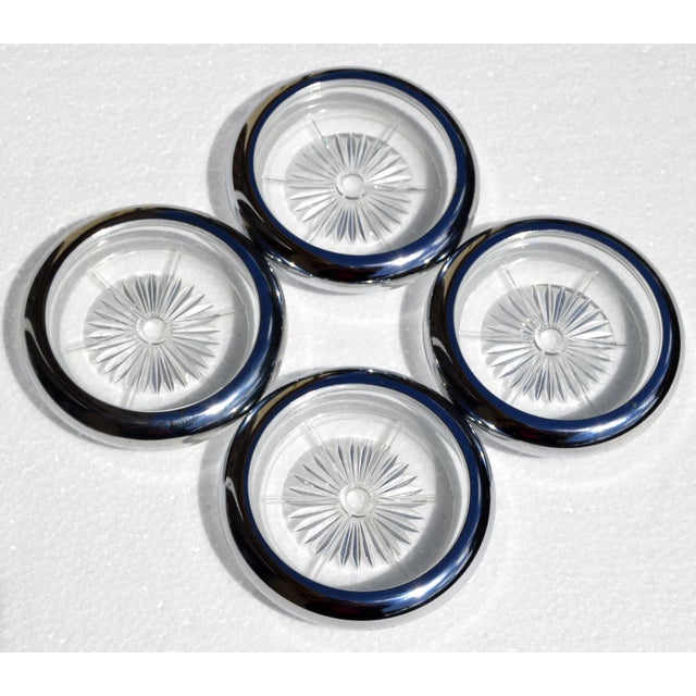 Art Deco Set of 4 Silver Plated and Starburst cut Crystal Wine Coasters or Ashtrays attributed to Leonard Silver...