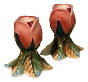 Mid 20th Century Americana Roses Candlestick Holders by Lefton - A Pair