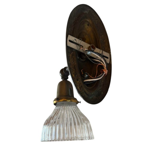 Metal Rare Set of Three Brass Wall Sconces With Ribbed Halophane Shades Circa 1920’s For Sale - Image 7 of 7