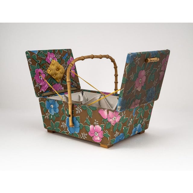 Black Mid-Century Sewing Basket with Bamboo Handle & Floral Decor, 1970s For Sale - Image 8 of 18