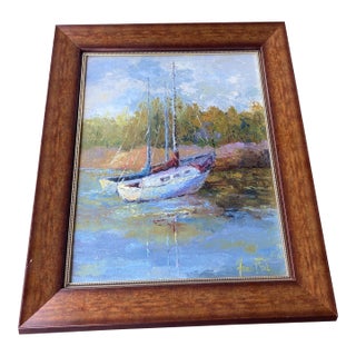 Contemporary Nautical Sailboat Oil Painting by Penny French Deal, Framed For Sale