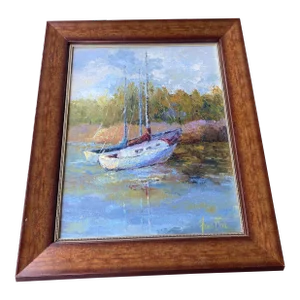 Contemporary Nautical Sailboat Oil Painting by Penny French Deal, Framed