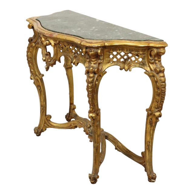 French Louis XV Style Console Table in Gold Leaf Gilded Wood and Marble, 1890s For Sale - Image 5 of 18