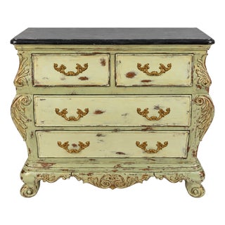 Late 20th Century Thomasville French Provincial Painted & Distressed Marble Top Bombe Commode For Sale
