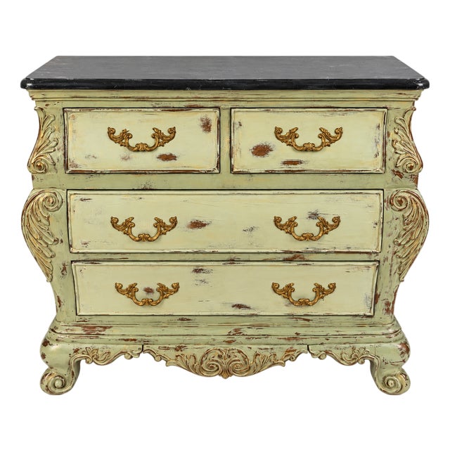 Late 20th Century Thomasville French Provincial Painted & Distressed Marble Top Bombe Commode For Sale
