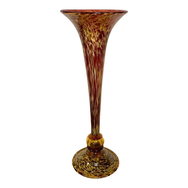 Hand-Blown Vintage Art Glass Splatter Trumpet Vase For Sale
