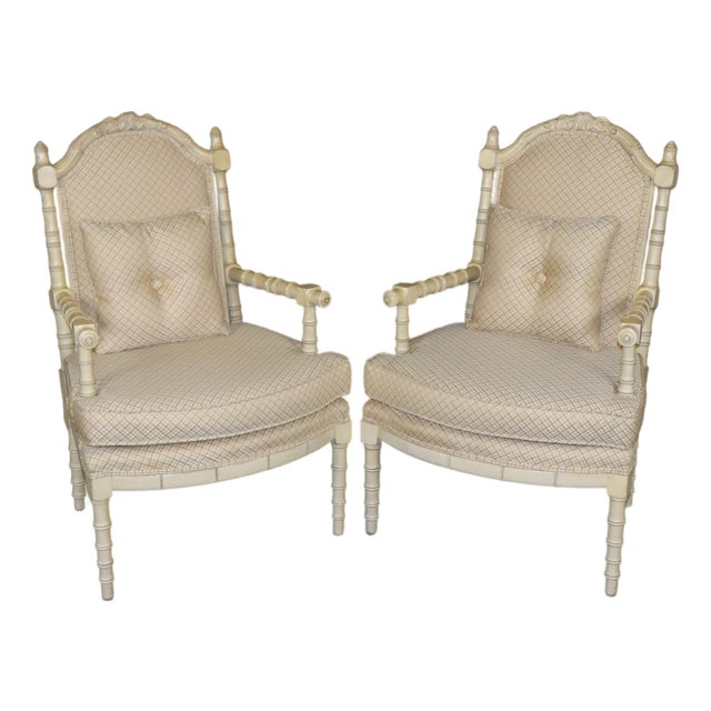 Pair of Painted Faux Bamboo Hollywood Regency French Inspired Armchairs For Sale