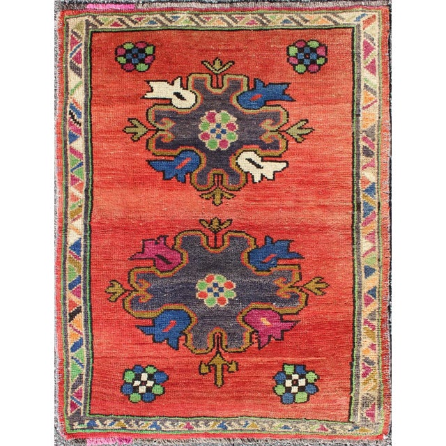 Textile Vintage Turkish Oushak Rug in Red Background and Cheerful Colors For Sale - Image 7 of 7