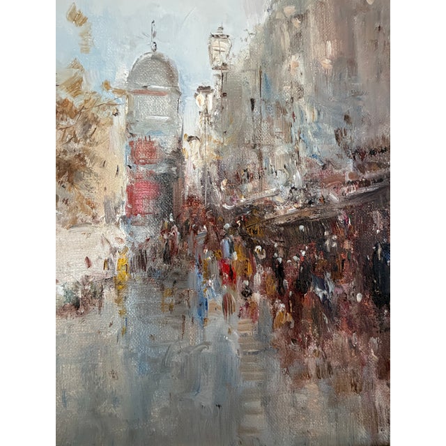 Original oil on canvas by listed artist Segrelles, depicting a bustling Parisian boulevard in soft, impressionistic...