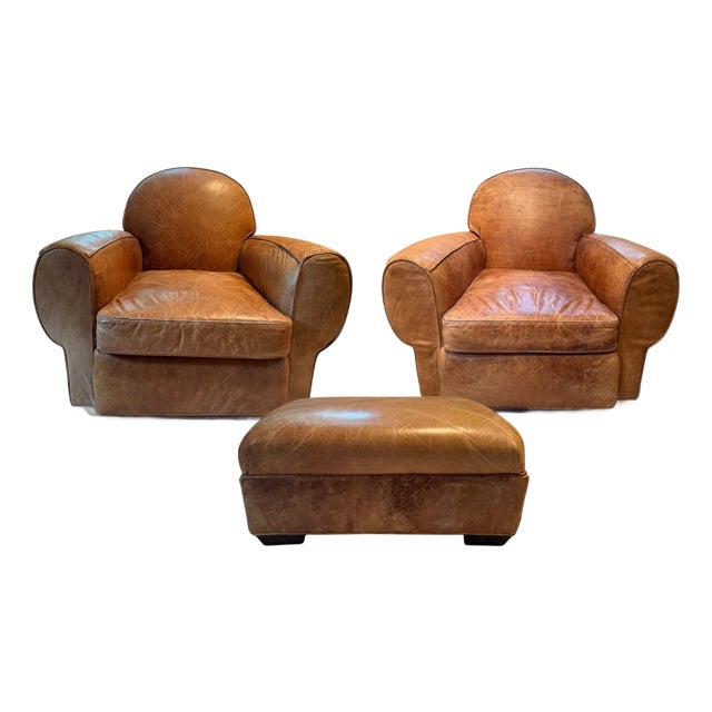 Old Hickory Tannery Leather Club Chairs and Ottoman For Sale
