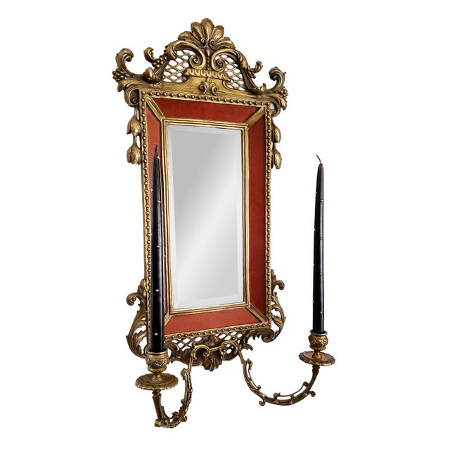 French Beveled Wall Mirror Red Shagreen Porcelain For Sale - Image 3 of 12