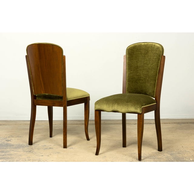 Wood Set of Six 1930s French Art Deco Maple Dining Chairs in Olive Green Velvet For Sale - Image 7 of 18