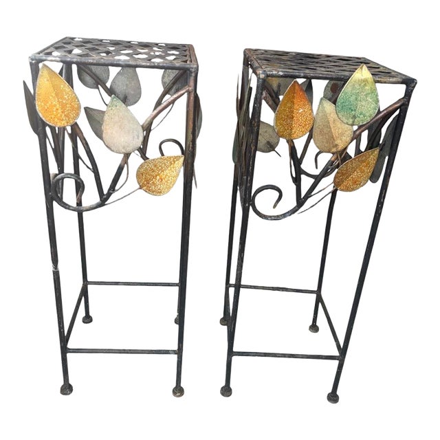 Mid-Century Botanical Wrought Iron & Enamel Leaf Vintage Plant Stands, Pair Salterini Style For Sale