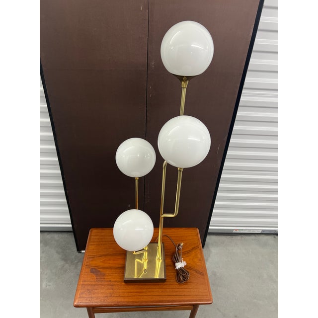 Brass Attributed Goffredo Reggiani Italian Brass & Opaline Glass Four Globe Table Lamp, 1970s For Sale - Image 8 of 18