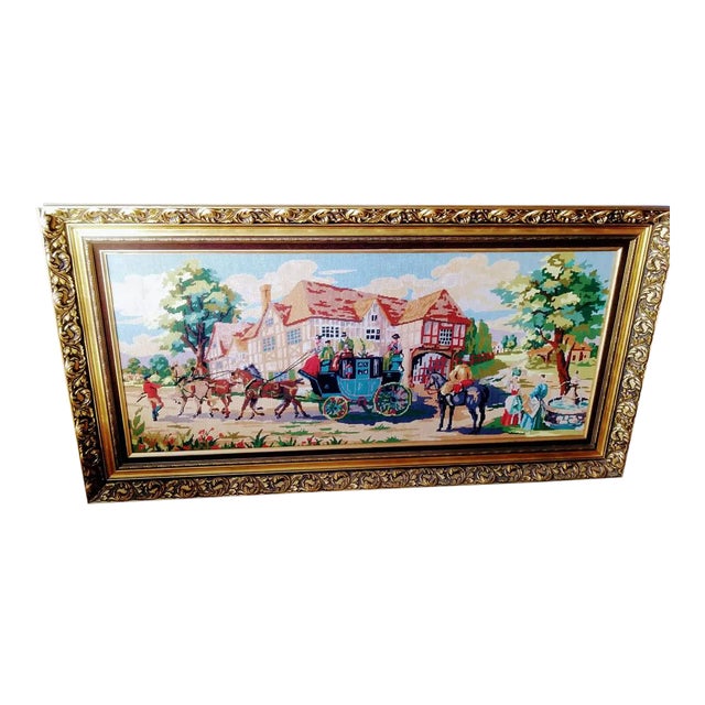 Large Vintage Hand Crafted French Countryside Needlepoint Framed Wall Art For Sale
