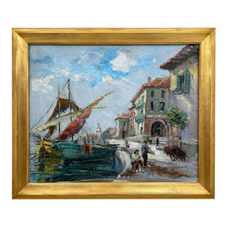 French Harbor Scene Painting, Circa 1950-1970 For Sale