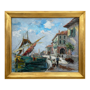 French Harbor Scene Painting, Circa 1950-1970