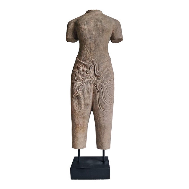 Hand-Carved Sandstone Male Torso Sculpture, Thailand, Circa 1940-1950 For Sale