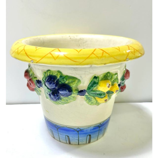 English 1970s Italian Majolica Terra Cotta Cachepot Planter With Fruit Garland For Sale - Image 3 of 12