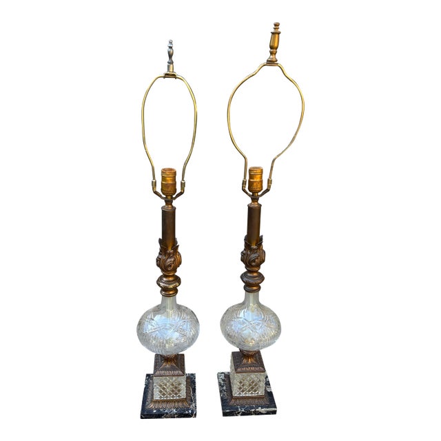 Vintage Hollywood Regency Tall Glass and Brass Finish Table Lamps on Marble Bases, a Pair For Sale