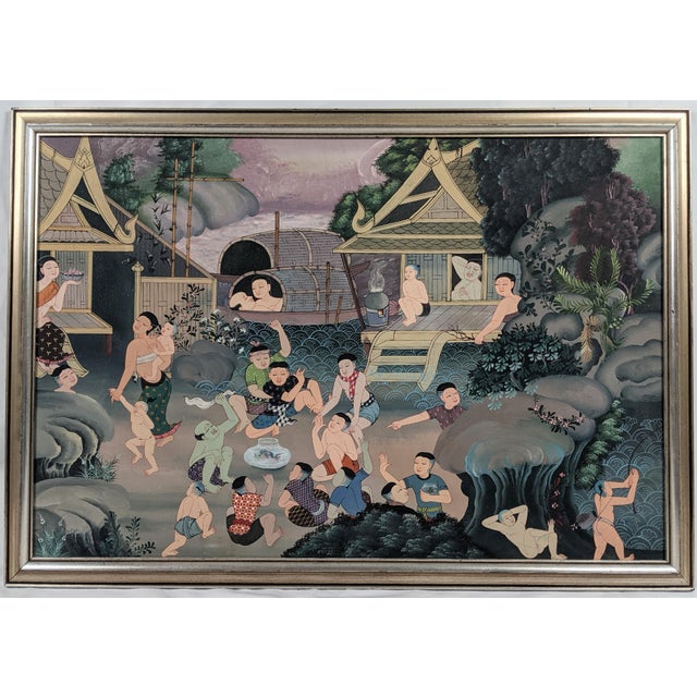 Textile Late 20th Century Southeast Asian Folk Art Village & Riverside Narrative Painting on Canvas For Sale - Image 7 of 12