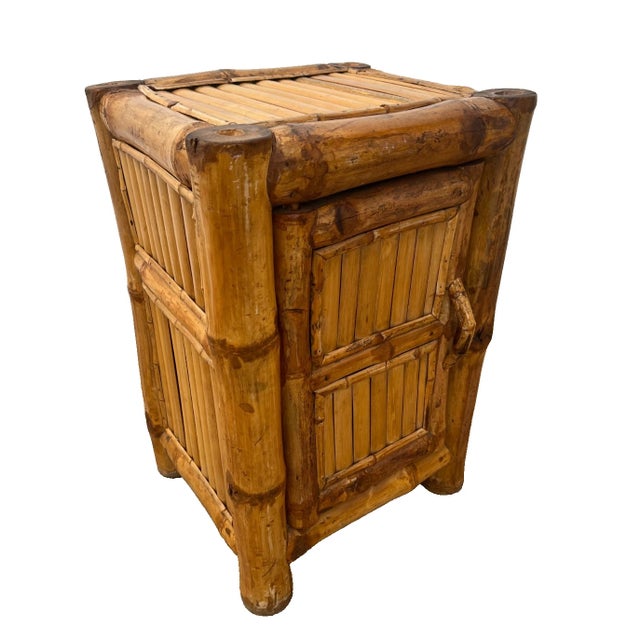 Gorgeous Mid Century Nightstand Cabinet with Bamboo Shelf, Made from real Elephant Bamboo and Wicker, Tiki Tropical Style....