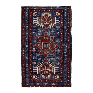Blue Scatter Wool Rug Persian Heriz With Medallion Motif For Sale