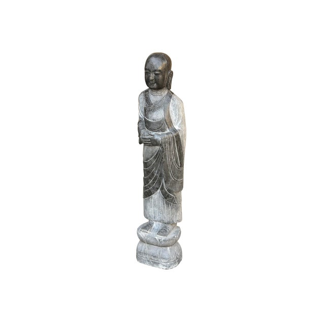 1990s Chinese Weathered Black Gray Patina Stone Standing Monk Luohan Arhat Statue For Sale - Image 5 of 13