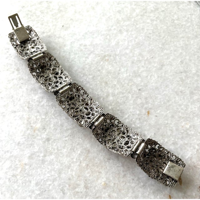 Royal Delft Dutch Delft Blue and White Porcelain Windmill Bracelet Set in Filigree Silver For Sale - Image 4 of 5