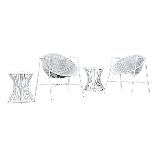 Wicker Salterini Radar Style Chairs With Pedestal Side Tables Seating Set For Sale