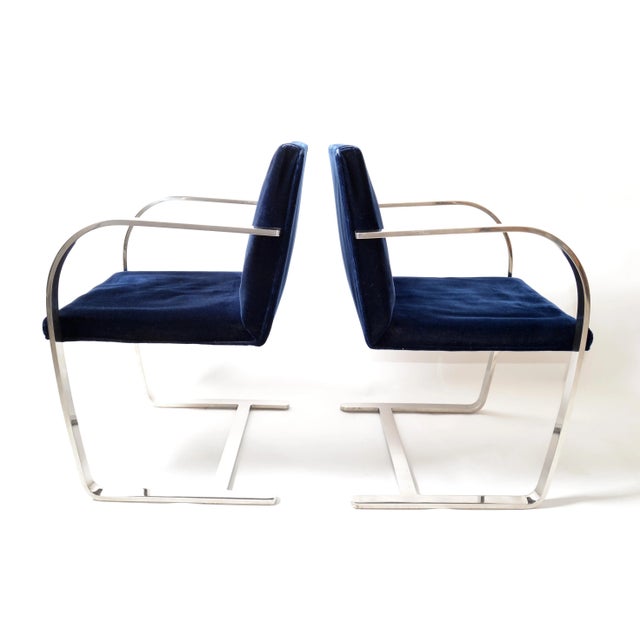 Mies Van Der Rohe for Knoll Stainless Steel Brno Chairs Blue Velvet 1977, Pair For Sale In Miami - Image 6 of 13