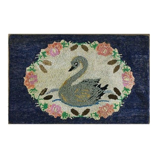 1930s Ivory Swimming Swan Antique American Hooked Rug 2'1" X 3'3" Handknotted Wool Carpet For Sale