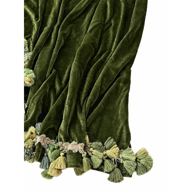 Boho Chic Vintage Elegance Olive Green Velvet Curtain Drape Decorative Tassel Fringe For Sale - Image 3 of 7