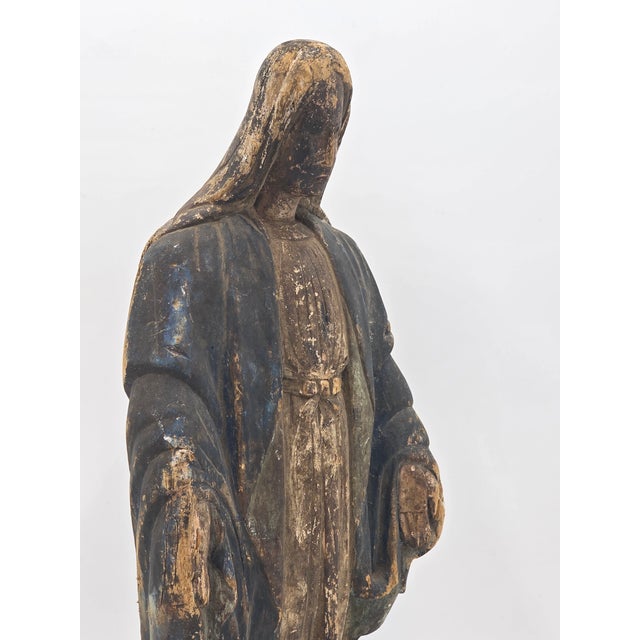 Rare Antique 18th Century Spanish Colonial Hand-Carved Virgin Mary Statue Polychrome Wood For Sale - Image 10 of 15