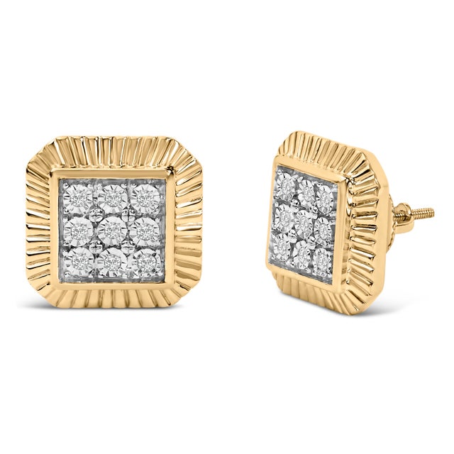 Crafted from lustrous .925 sterling silver and enveloped in a radiant 10K yellow gold plating, these elegant stud earrings...