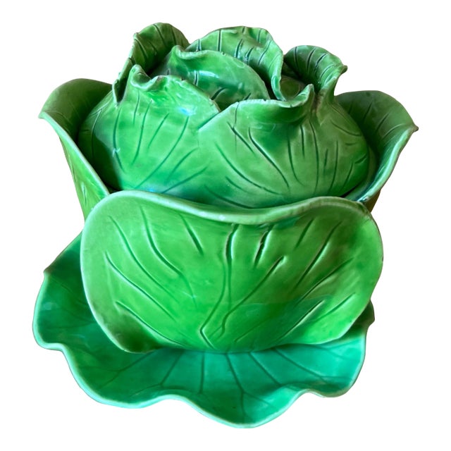 French Jean Roger Attributed Ceramic Majolica Green Cabbage Tureen With Under Plate For Sale