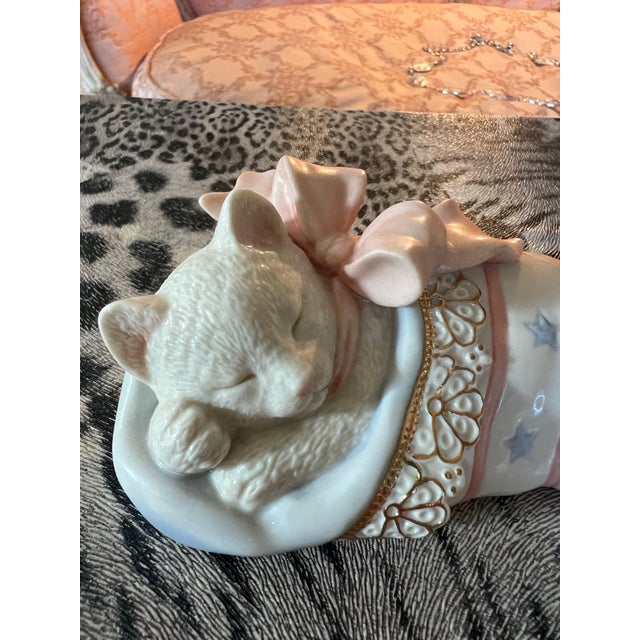 1970s Small Vintage Lennox Christmas Cat Sleeping in Stocking Knick Knack For Sale - Image 5 of 6