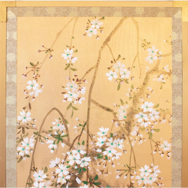 Japanese C. 1970s "Sparrow and Blossoming Sakura" Showa Era Japanese Painted Silk Panels, a Pair For Sale - Image 3 of 17
