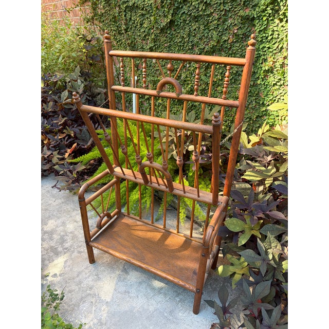 Circa 1880s Antique Victorian Stick and Ball Oak Magazine Newspaper Music Rack For Sale - Image 4 of 10