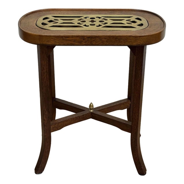 Vintage Wood With Brass Insert Side Table Candle Stand Kettle Table For Sale